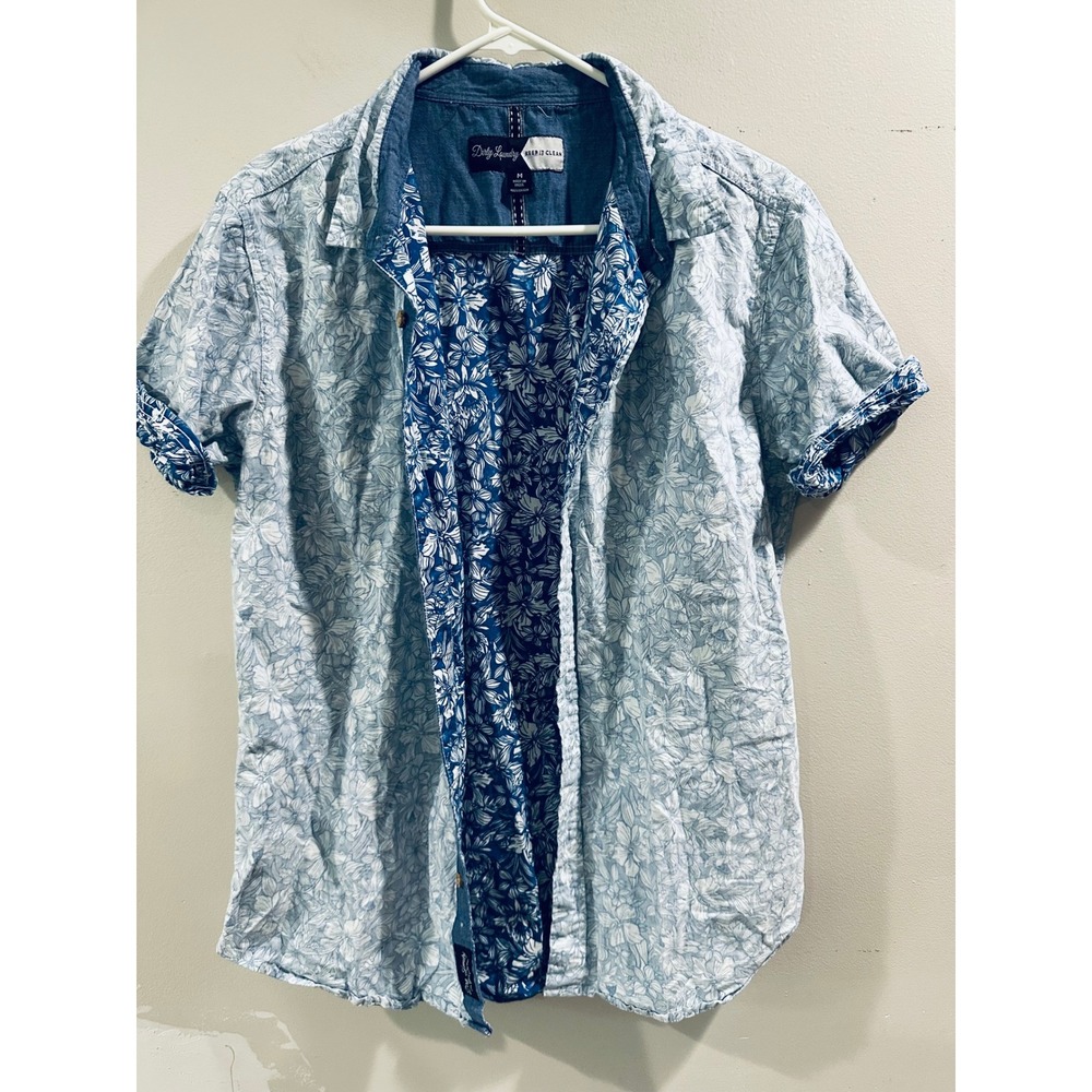 Dirty Laundry Mens Blue Floral Short Sleeve Button Down Shirt Size Medium Cotton